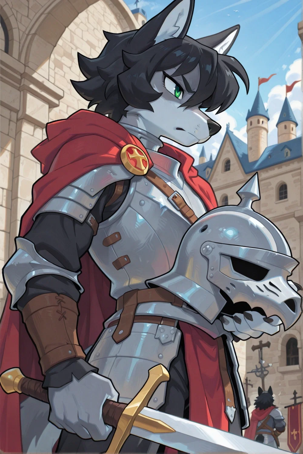 Reginal, a male anthro wolf in his knight armor