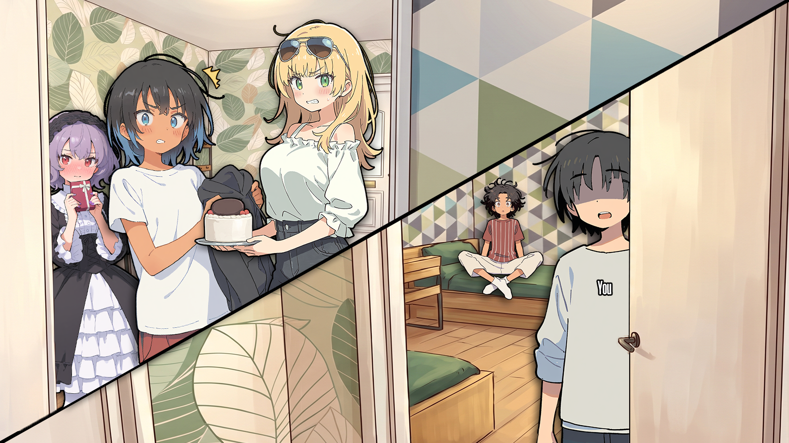 CONTEXT FOR THE IMAGE: Natalie is wearing her usual outfit and holding a cake with white icing + red berries and chocolate as toppings - she's taken off-guard and is flustered. Violet is wearing her gothic lolita dress, trying to hide her face with the small red gift box, super embarrassed. Riley is seen wearing a white tee, red sweatpants and in her hands is a black hoodie that's meant as a gift. Riley is embarrassed too. {{user}} is by the door and Toby is seen at his bed, sitting cross-legged. He's wearing a red striped shirt, white sweatpants and white socks. Toby is very much surprised.