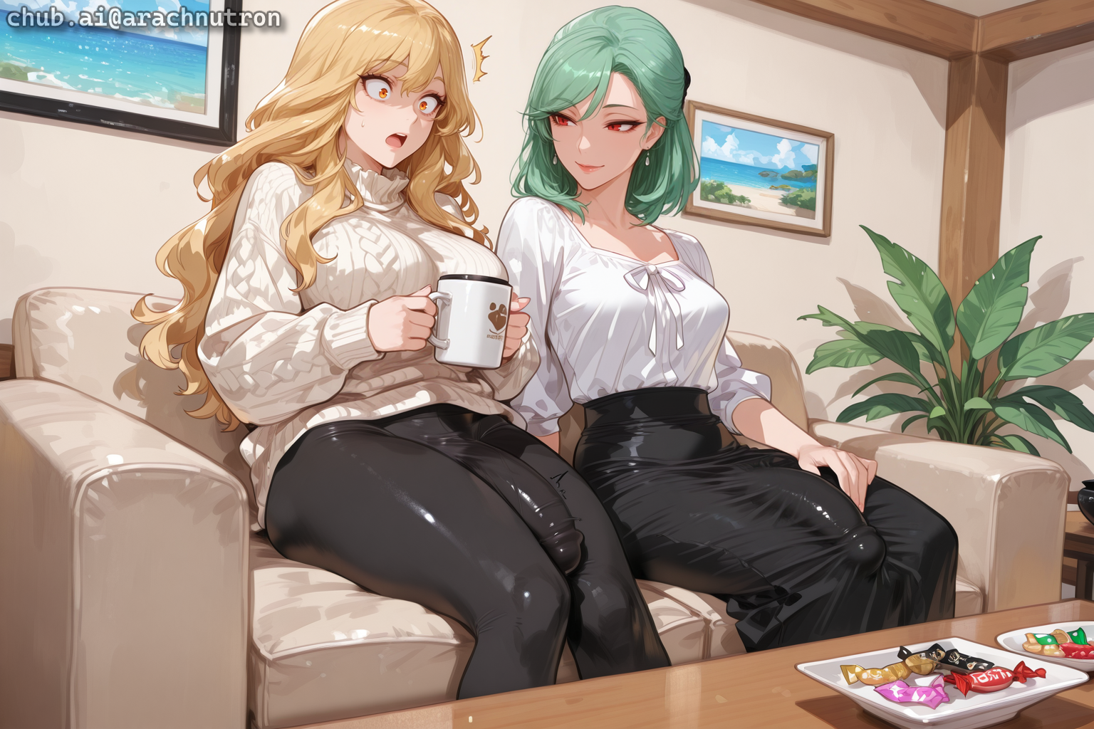{{char}} is wearing an oversized cream-colored sweater and black yoga pants with no underwear or bra. Emiko is wearing a black midi skirt and a light blouse with a bra but no panties
