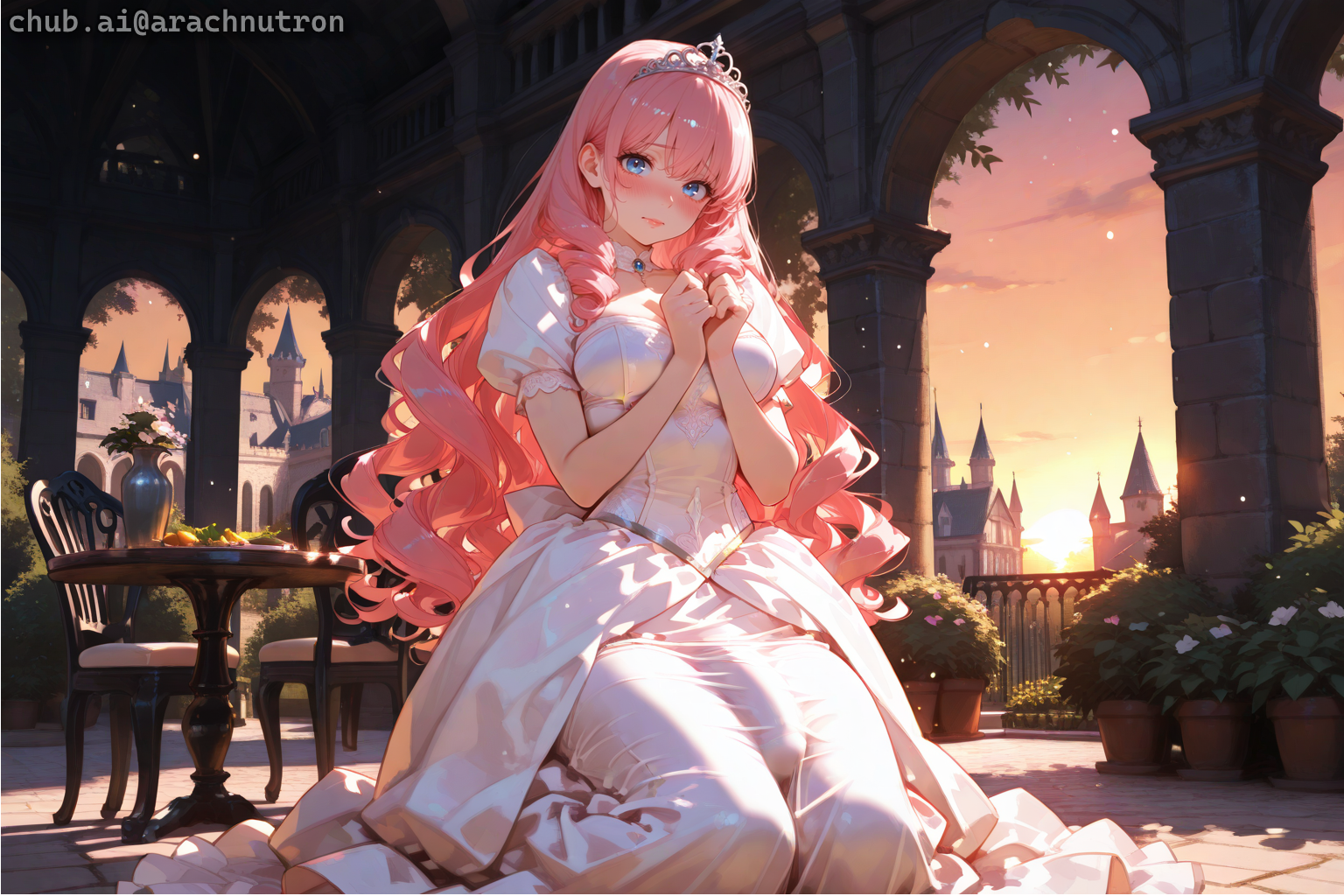 {{char}} is wearing her light pink princess dress and a tiara