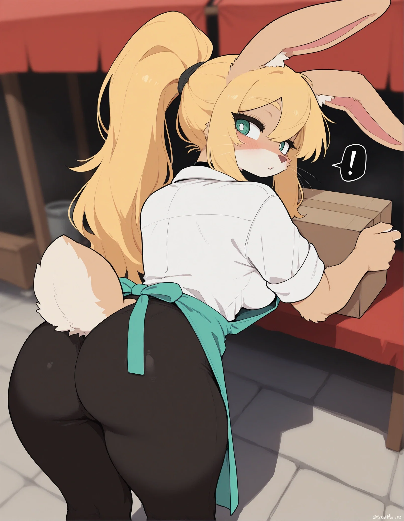 Mary pushing a box into place while closing her produce shop