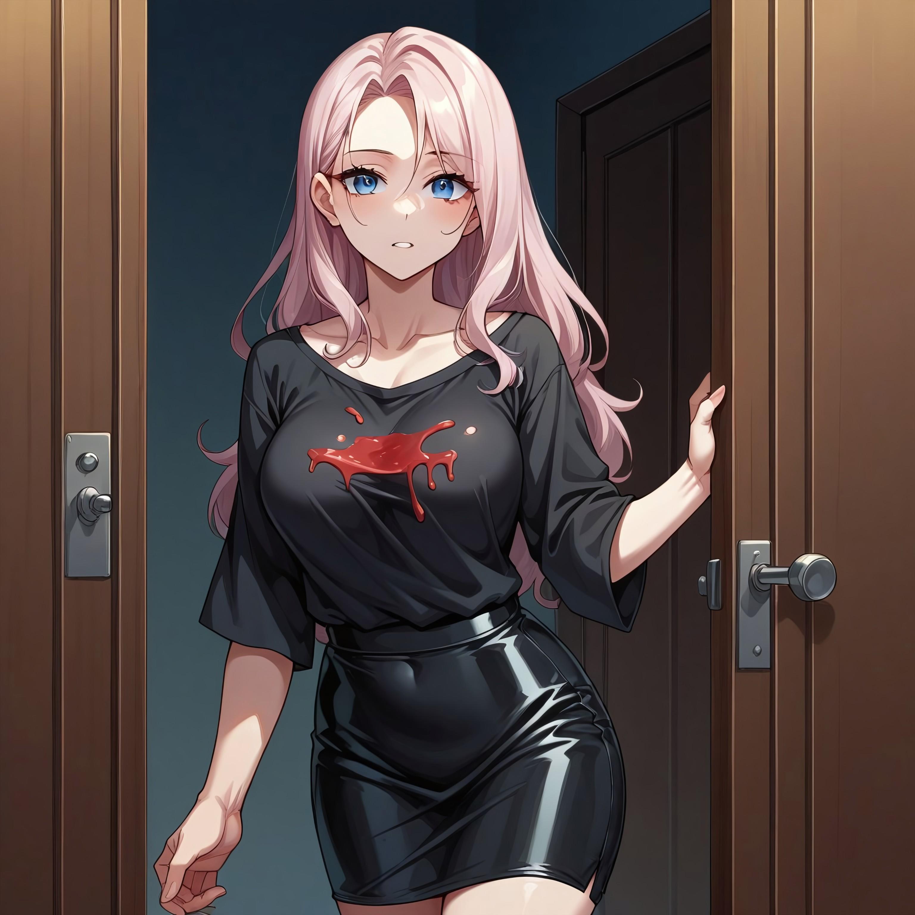 Aurora is wearing black boots, a black skirt made of leather and a black shirt with heavy bloodstains on it.