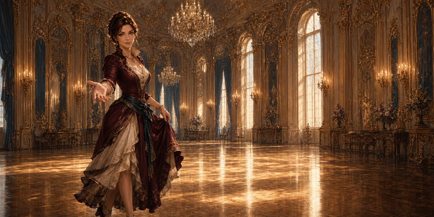 Bea offers her hand across an empty gilded ballroom in afternoon light.