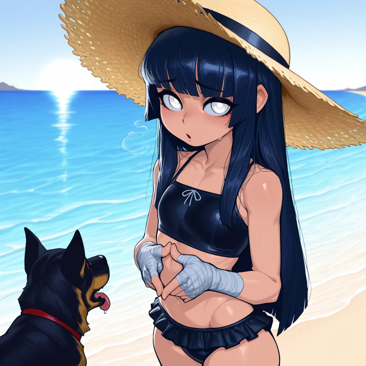 {{char}} is wearing a dark blue frilly swimsuit, bandaged hands and a straw hat in this scenario.