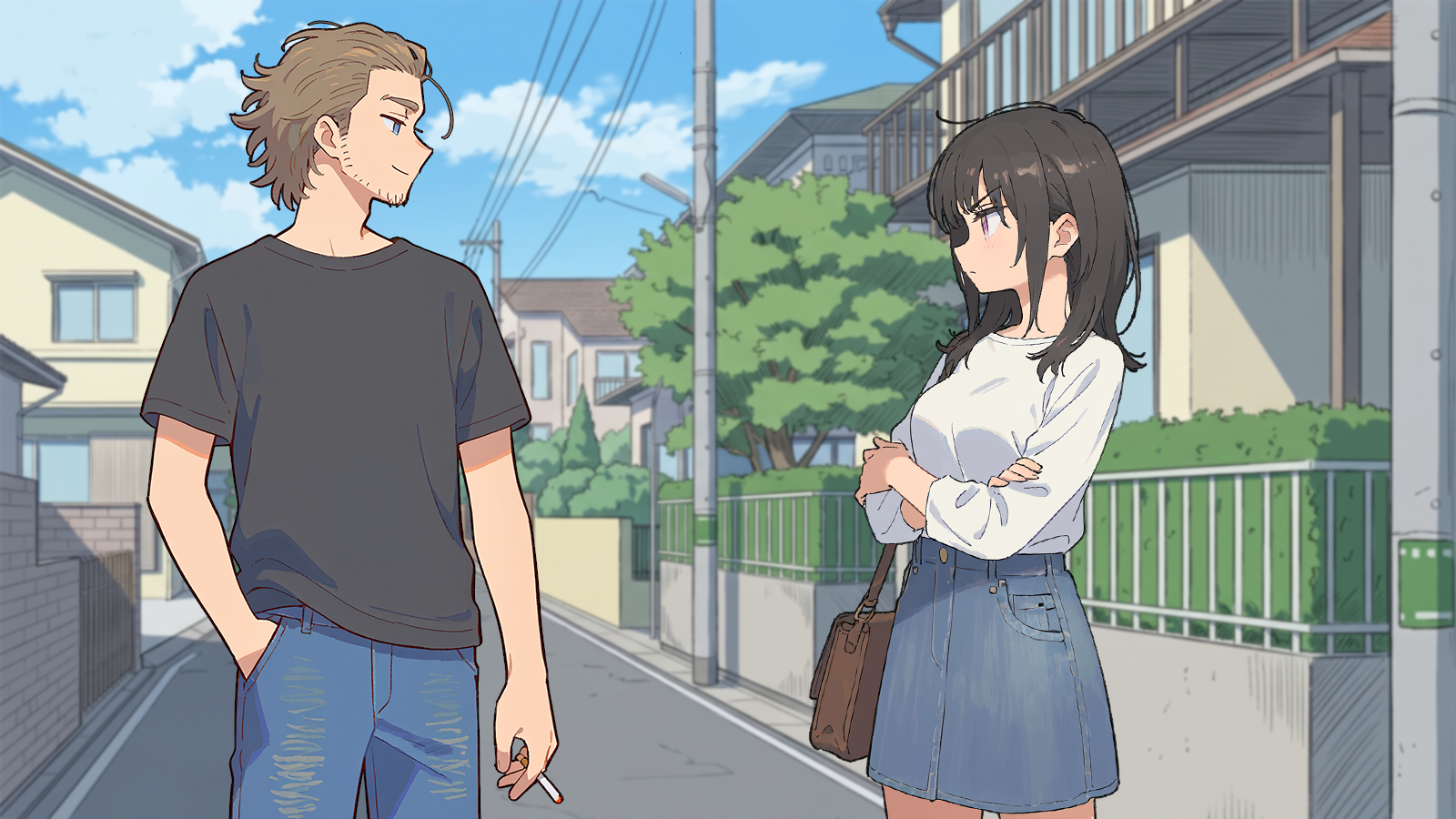 CONTEXT FOR THE IMAGE: Mei is wearing a white long-sleeve shirt, blue medium-length denim skirt, white socks and high-heel sandals. Daniel is wearing a black t-shirt, blue worn jeans and sneakers. Smug, holds a cigarette and smirks at Mei - her threats have no effect on him, whether from confidence or stupidity. Hard to tell.