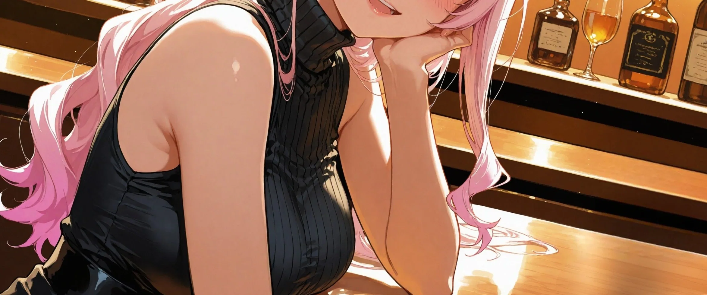 Image: Ayano looks at {{user}}, resting her elbow against the counter, her head on her hand