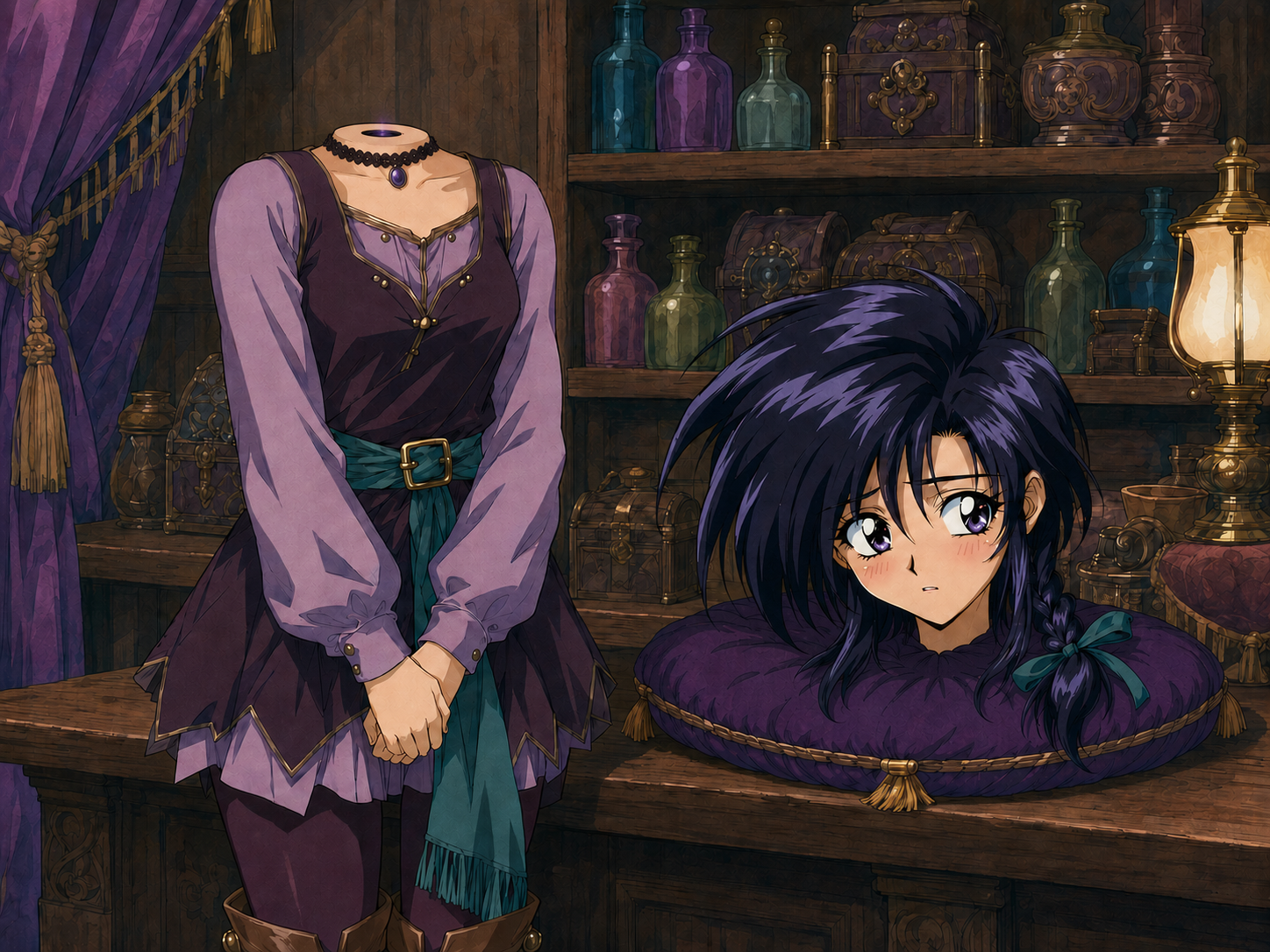 Faye's conscious detached head beside her standing original body