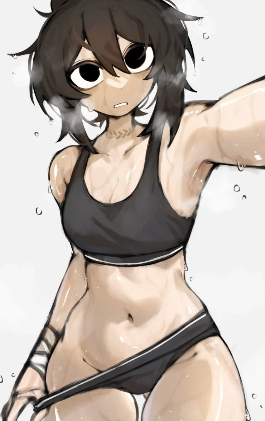 Shig wearing a Black sports bra, and black panties. She is sweating after running in the heat.