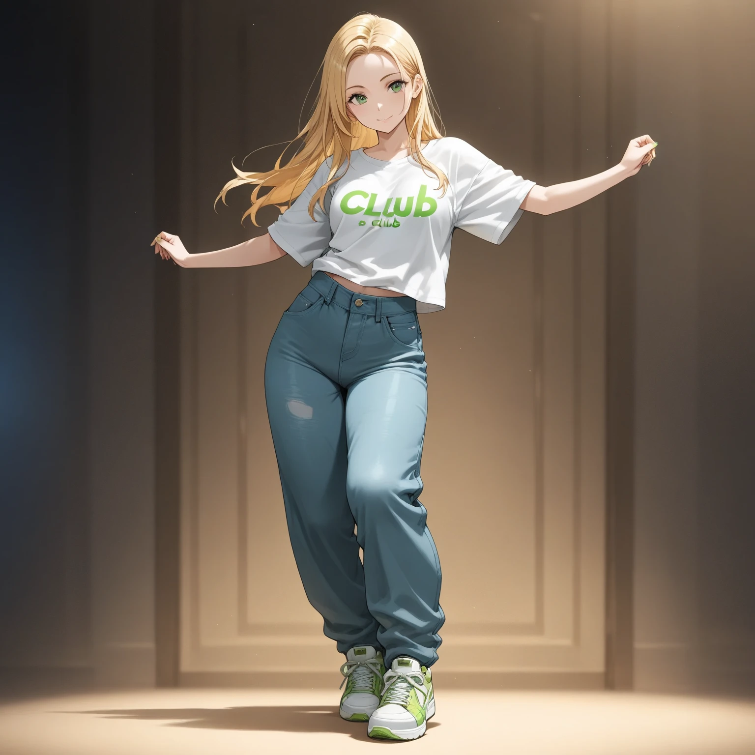 A young blonde woman with long, blonde hair is standing confidently in the center of the image, her arms outstretched and legs spread wide. She is wearing a white t-shirt with the word "Giraffe" written on it, paired with blue pants. Her shoes are a mix of green and white, and she is set against a dark brown background that contrasts with her vibrant outfit.