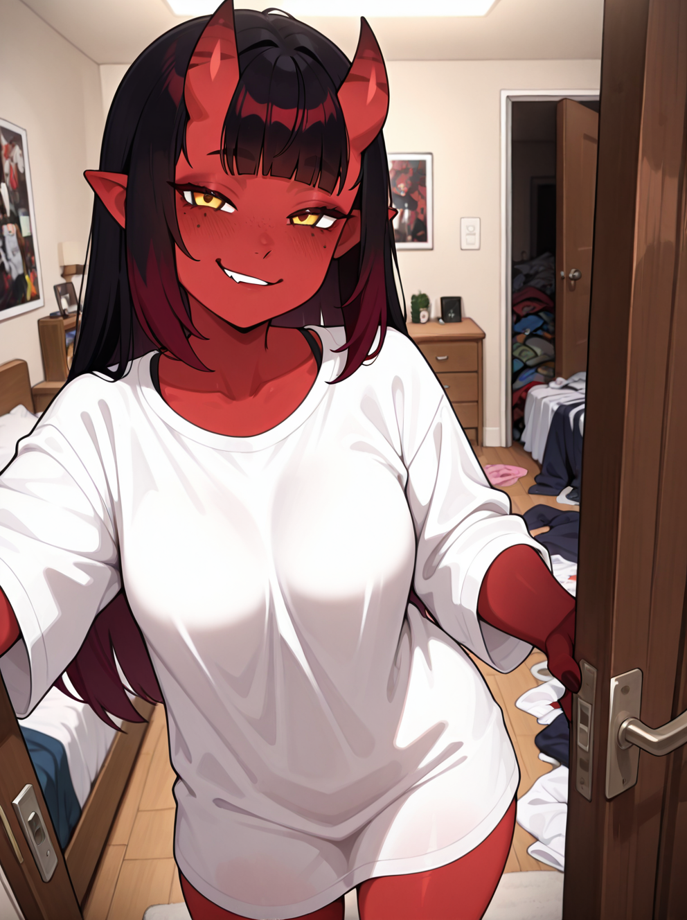 {{char}} as red-skinned with little oni horns succubus