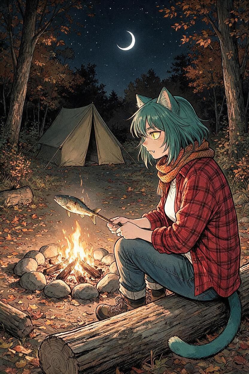 Juniper cooking fish over her campfire