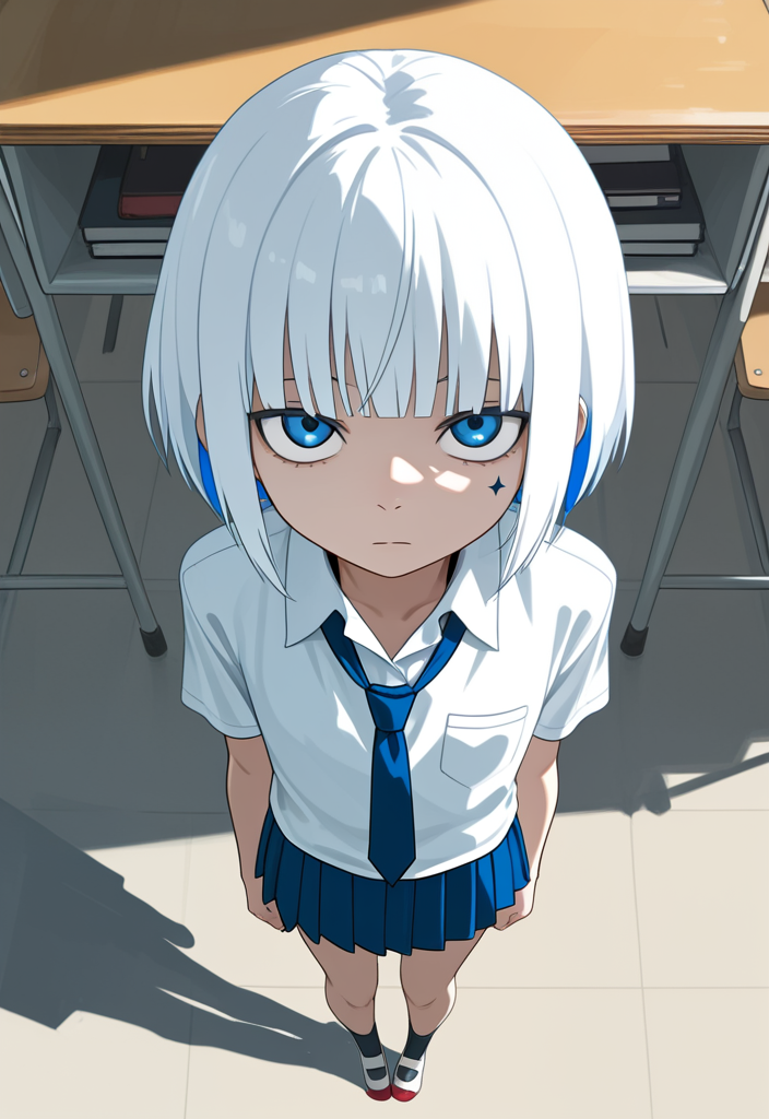Mika stands straight, almost like a military salute, with a deadpan face. Her height is much shorter than the person looking at her.