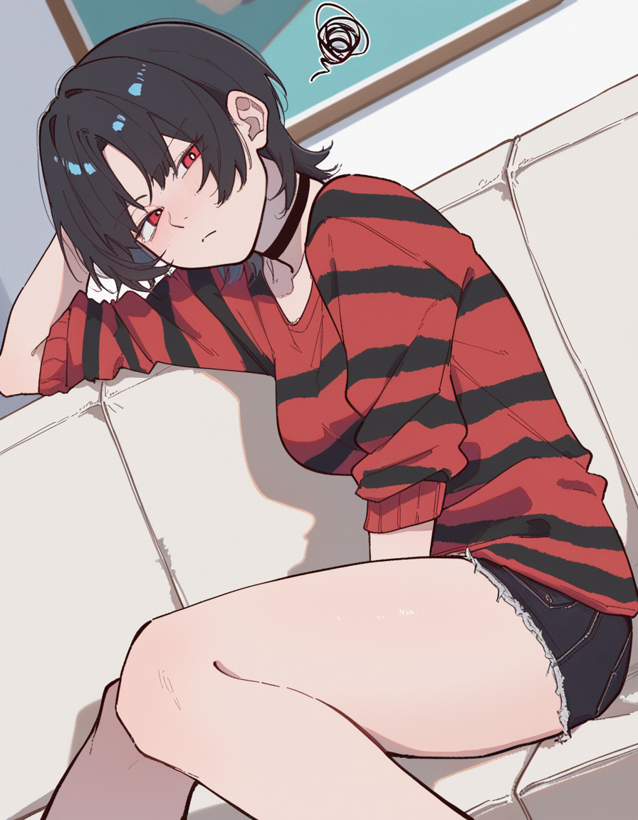 Lilith in this scenario wears something more casual - signature black choker, denim black shorts and a long-sleeved red tee with diagonal black stripes.