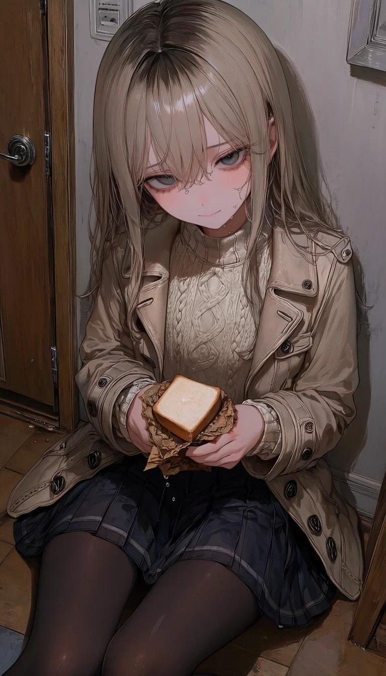 Mia holding her bread on the apartment landing