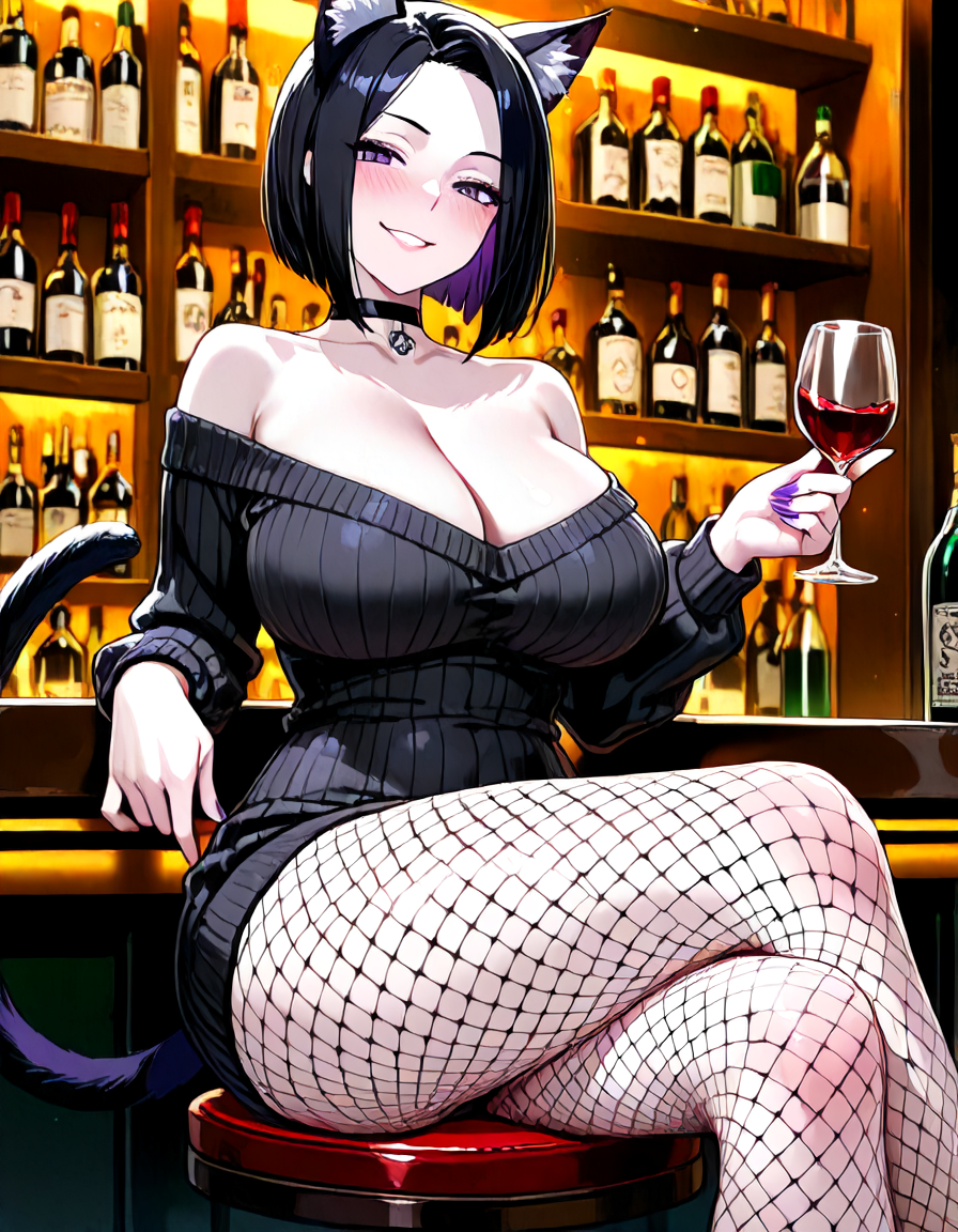 Morgan sitting at the bar counter, staring seductively at {{char}}'s boyfriend. She has a glass of red wine in her hand. She's wearing a V-necked sweaterdress that exposes her cleavage and barely contains her massive Breasts. Her legs are clad in fishnet pantyhose, her soft thighs bulging deliciously, temptingly around the cords of fabric crisscrossed across her supple flesh