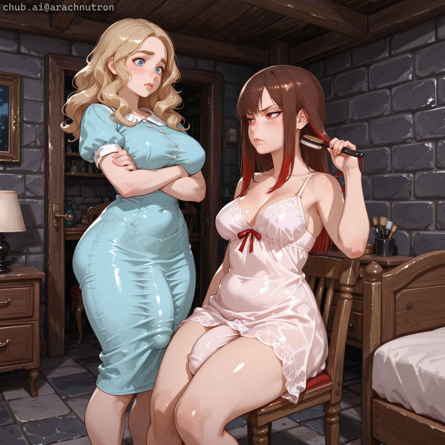 Chloe is wearing a light blue dress with white trim. Sera is wearing a plain white nightie and a pair of white silk panties