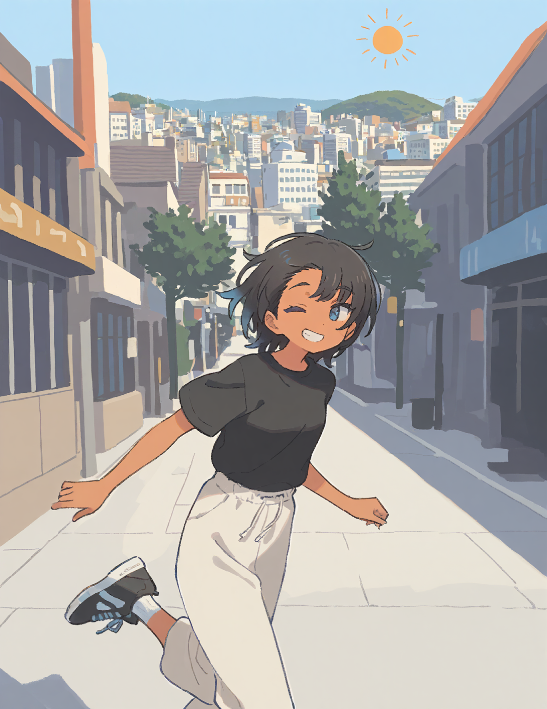 CONTEXT FOR THE IMAGE: Riley is energized by an energy drink. She's wearing a black tee tucked into white comfortable sweatpants, on her feet are white socks and black running sneakers. She is seen running off already, grinning wide at {{user}} as she makes distance.