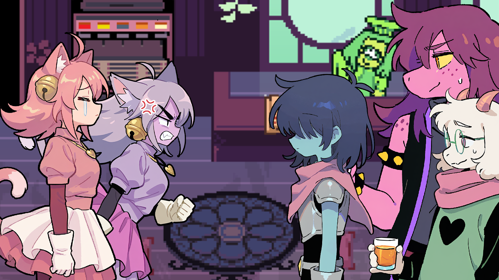 CONTEXT FOR THE IMAGE: Body is shocked, Ghost is visibly furious, facing Kris, with Susie and Ralsei behind the leader. The heroes are in their Dark World armor/outfits, Susie and Ralsei hold cups of juice - both of them never expected anyone to take Kris's FLIRTs seriously, most of the enemies knew those were just ACTs.