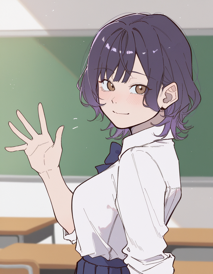 Saki was still in the class then, wearing her usual school uniform.