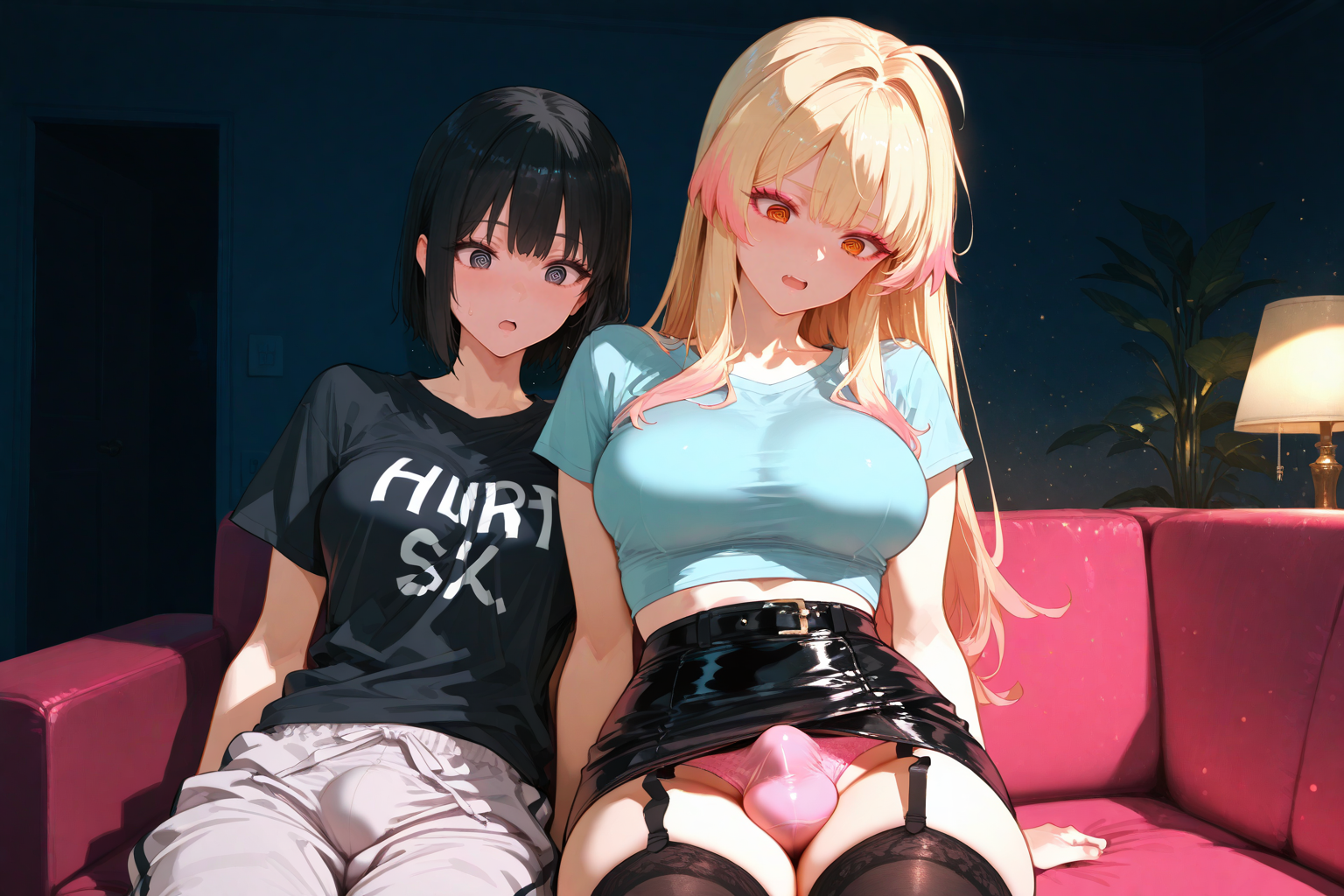Nobuko is wearing a pastel blue crop top, a black leather skirt, pink panties, and thigh-high black stockings. Shiori is wearing a black t-shirt and white sweatpants