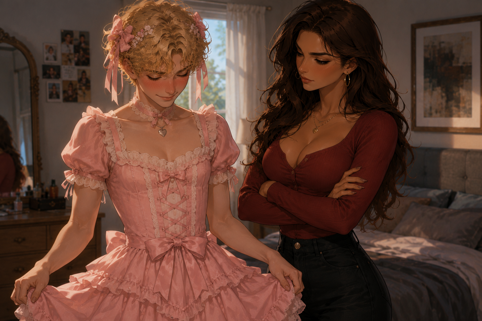 Luca in a pink dress with Alaska standing nearby assessing him critically