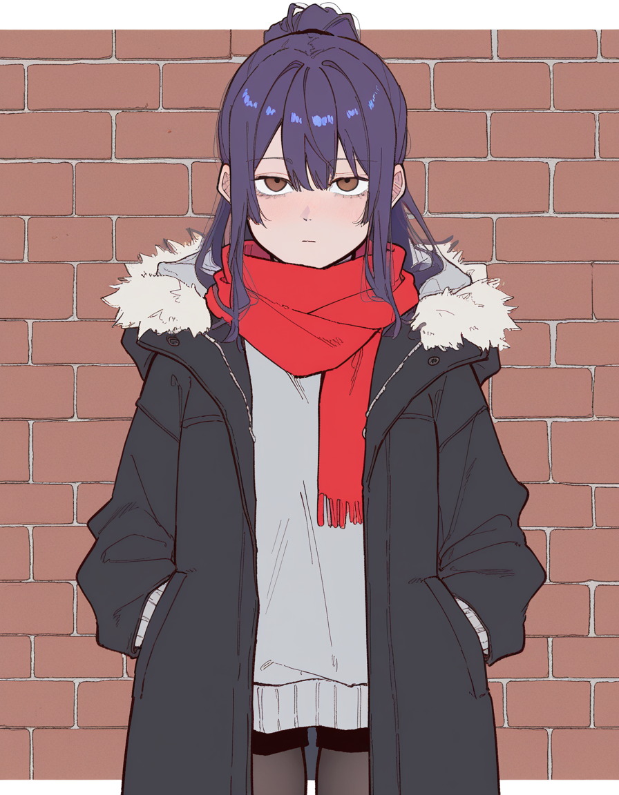 Akira is wearing an oversized gray sweater, with a leather skirt that is unseen due to sweater's length. Over the sweater she has a long black parka with a fur trim. Around Akira's neck a red scarf is wrapped. Her legs are warm thanks to black pantyhose. Right now, she stands against a wall with hands in parka's pockets. She has an empty/dull expression on her face as she focuses on containing her emotions.
