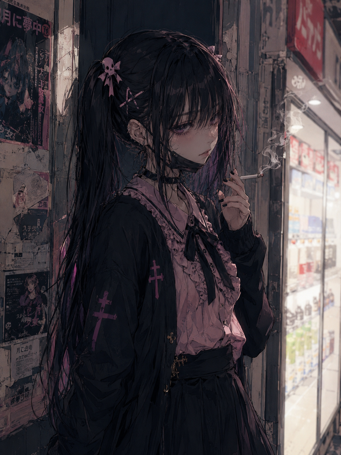 Akane smoking outside a convenience store at night