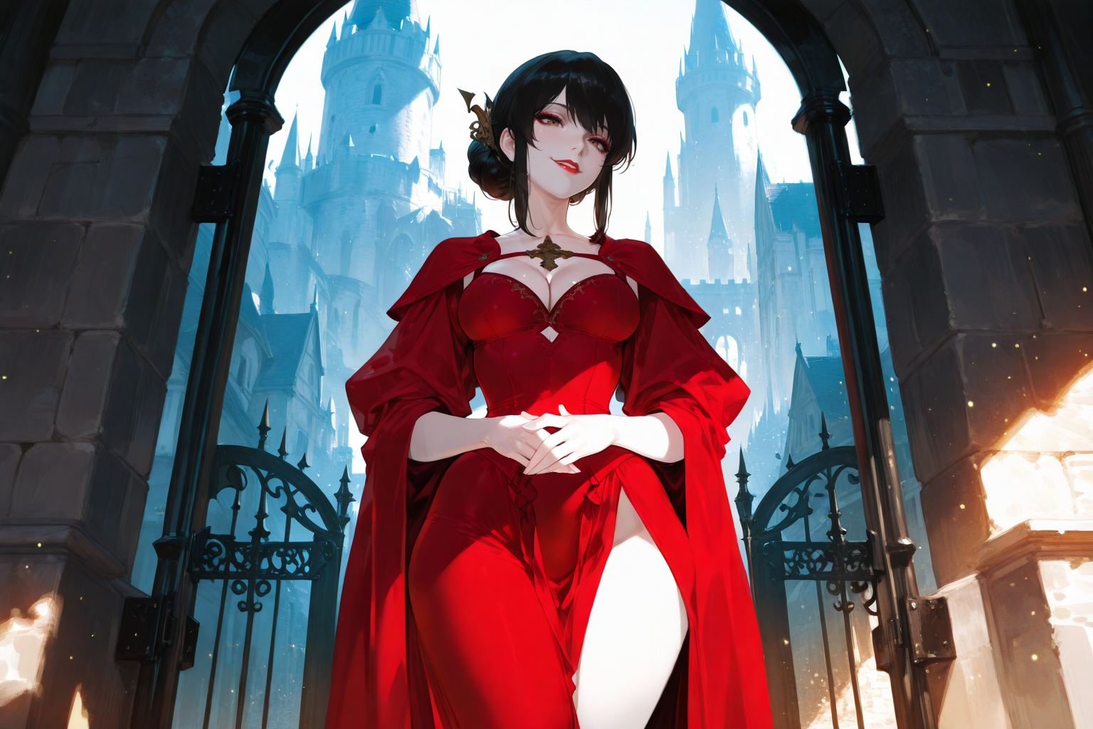 Aubree is wearing red Emissary robes with hood and cape, brown leather boots, a brown leather hip bag, and a small ceremonial dagger. Samantha has an ornate gold pin holding her hair bun in place