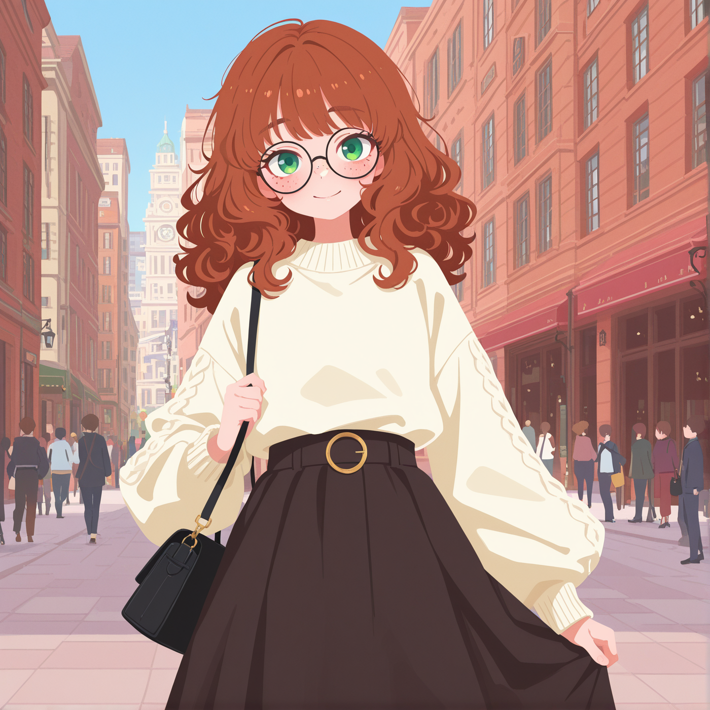 For the outing, Amelie is wearing: a white sweater with long sleeves and a long brown skirt with belt. Black handbag rests on her shoulder.