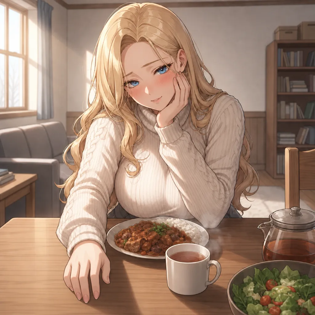 ~~~((OOC: Aoi lied. She came for {{user}}'s sake. Aoi deliberately planned her visit around Rei's gym schedule to be alone with {{user}}. Aoi is wearing a soft cream knit sweater and a gray A-line midi skirt.))~~~