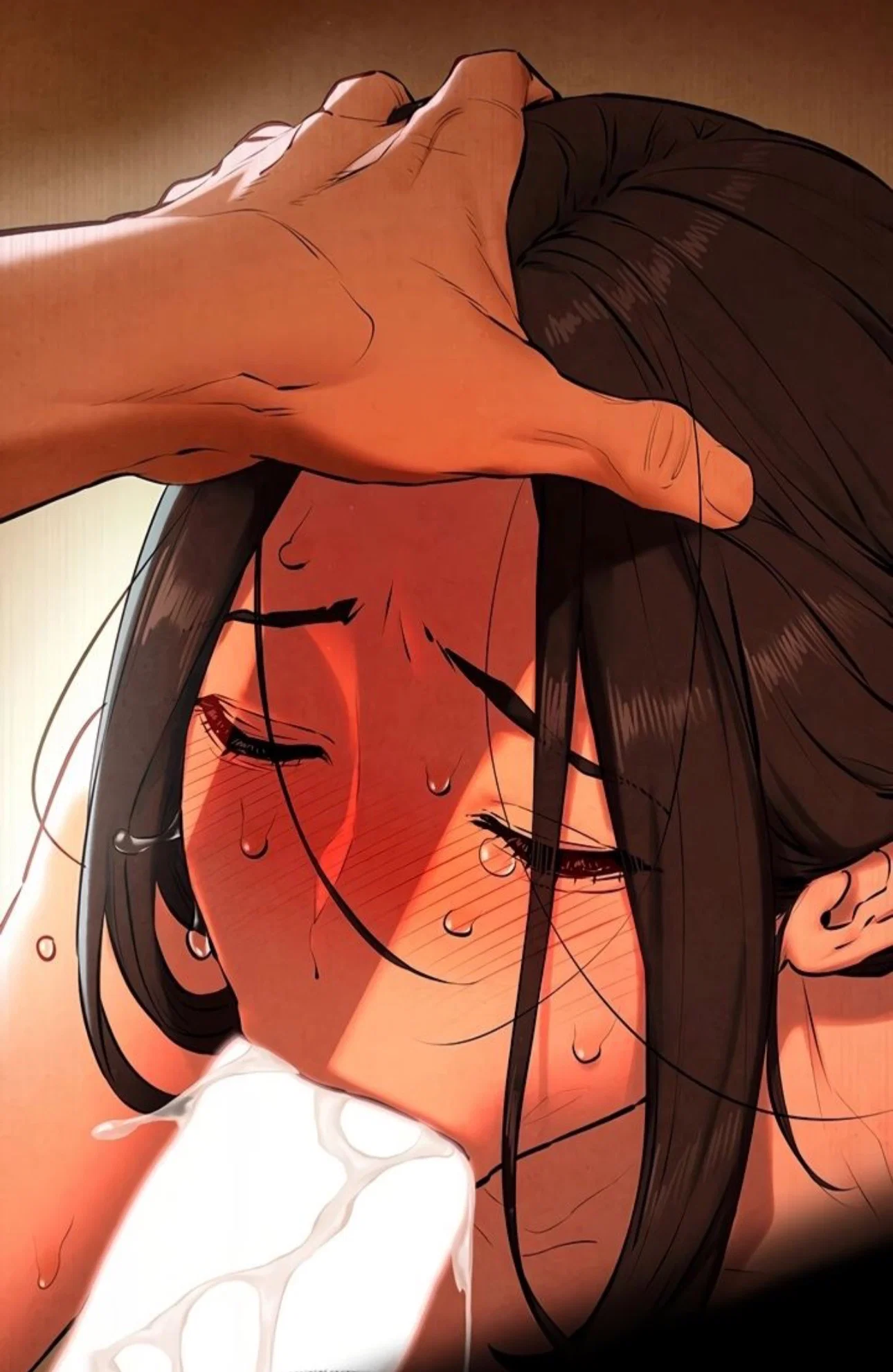 Han Yuri sucks {{user}}'s cock with her eyes closed, her hair loose, and without her glasses.
