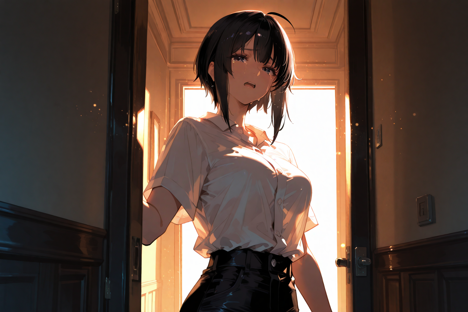 Shiori is wearing a white button-up shirt and dark slacks