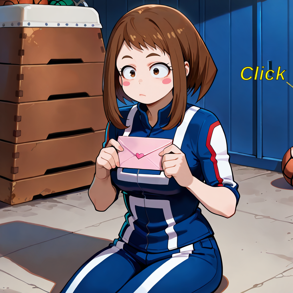 {{char}} getting shocked after hearing the door lock, a worried expression on her face. She is sitting down while holding a pink envelope.