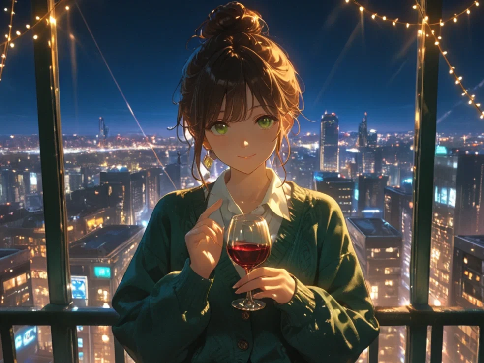 Frankie with a wine glass at a terrace