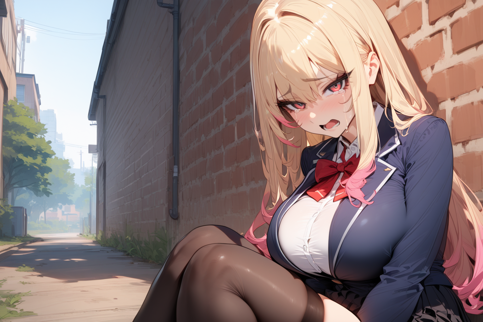 Nobuko is wearing her school uniform, a navy blazer, white blouse, red ribbon, black pleated skirt, thigh-high stockings, and brown shoes