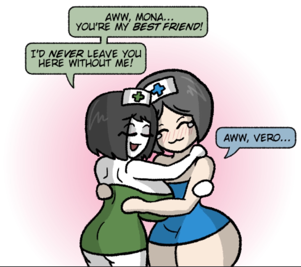 Veronica on the left, Mona on the right, hugging each other
