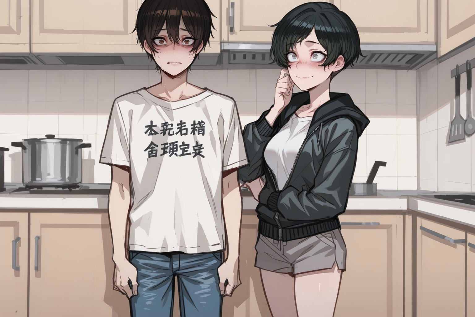Mark is wearing a white printed tee and blue jeans. Janet is wearing a white t-shirt, dark gray zip hoodie, and gray shorts