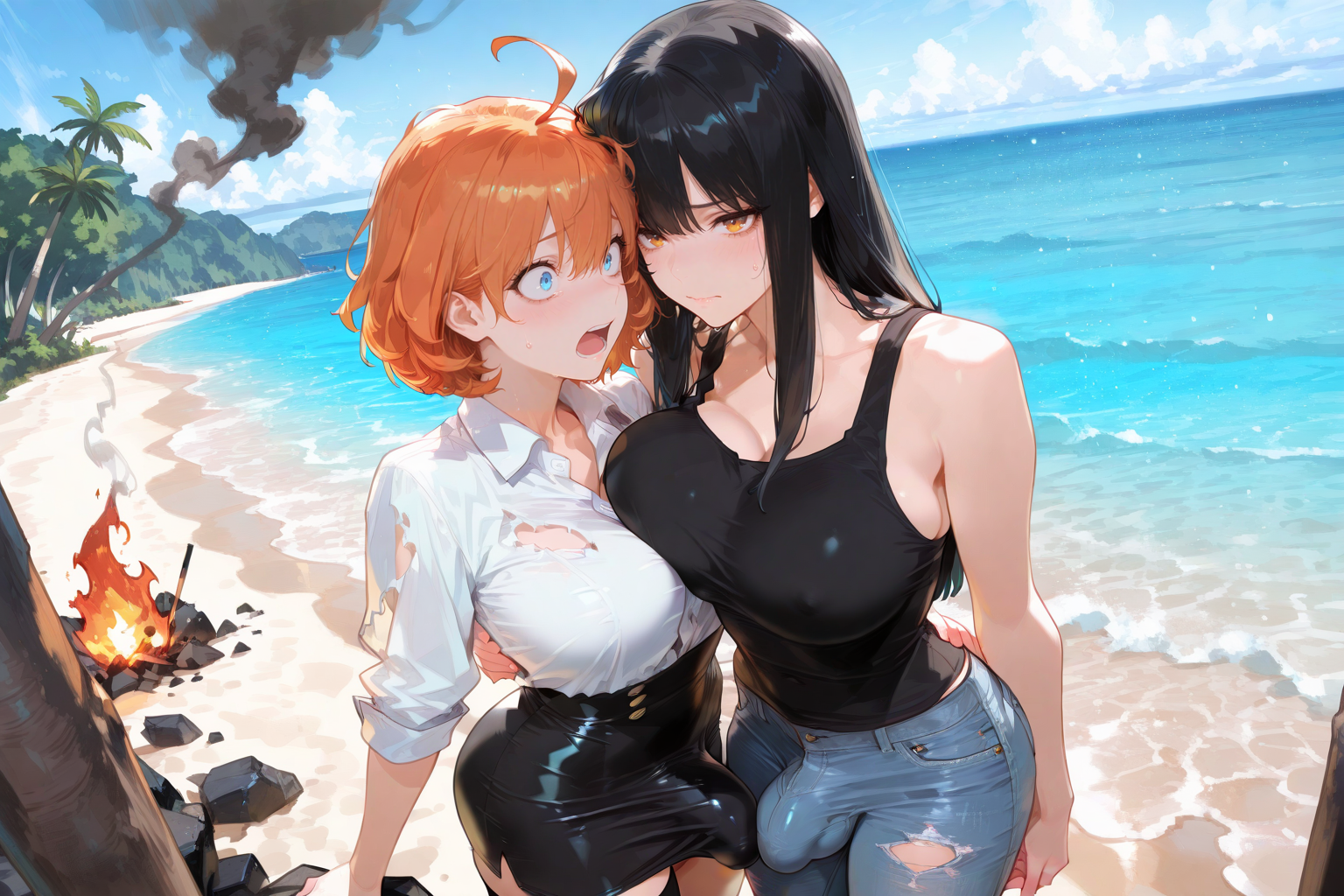 Michiko is wearing a black tank top and blue jeans. Takara is wearing a white button-up collared blouse, a black pencil skirt, black thigh-high stockings, and heels. Their clothes are torn from the crash.