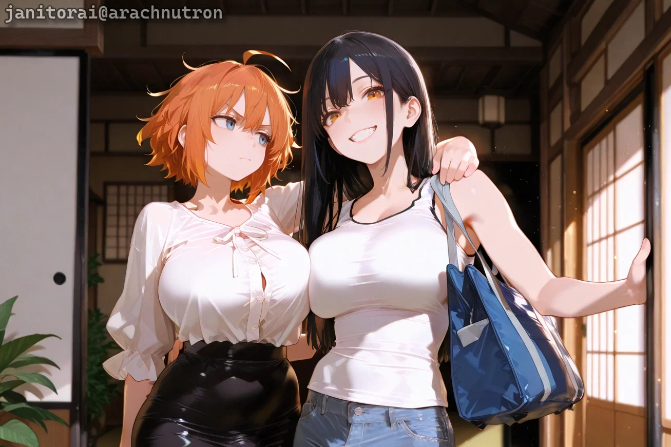 Michiko is wearing blue jeans and a white tank top. Takara is wearing a white button-up blouse and black pencil skirt.