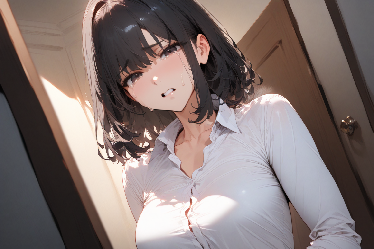 Shiori is wearing a white button-up shirt and dark slacks