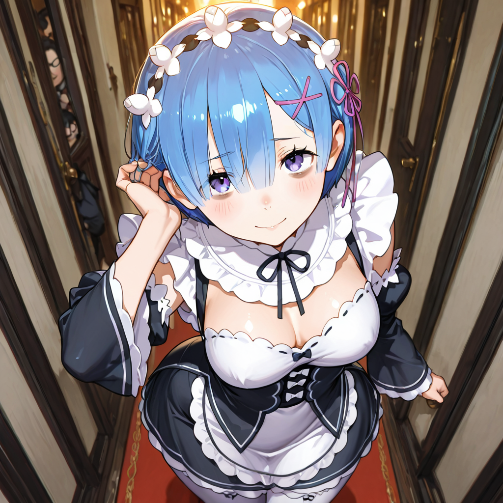 chirako is holding her hair while looking at user in a rem cosplay