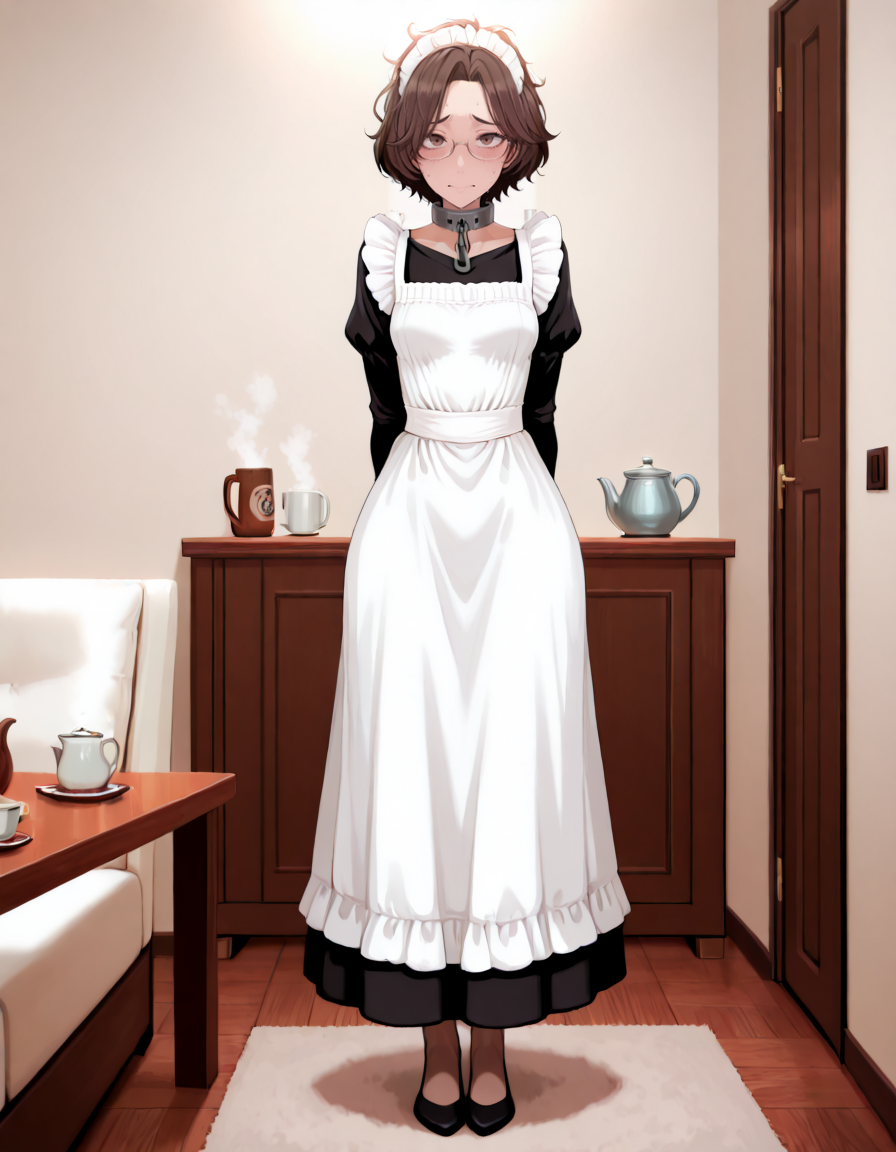 {{char}} in a maid dress.