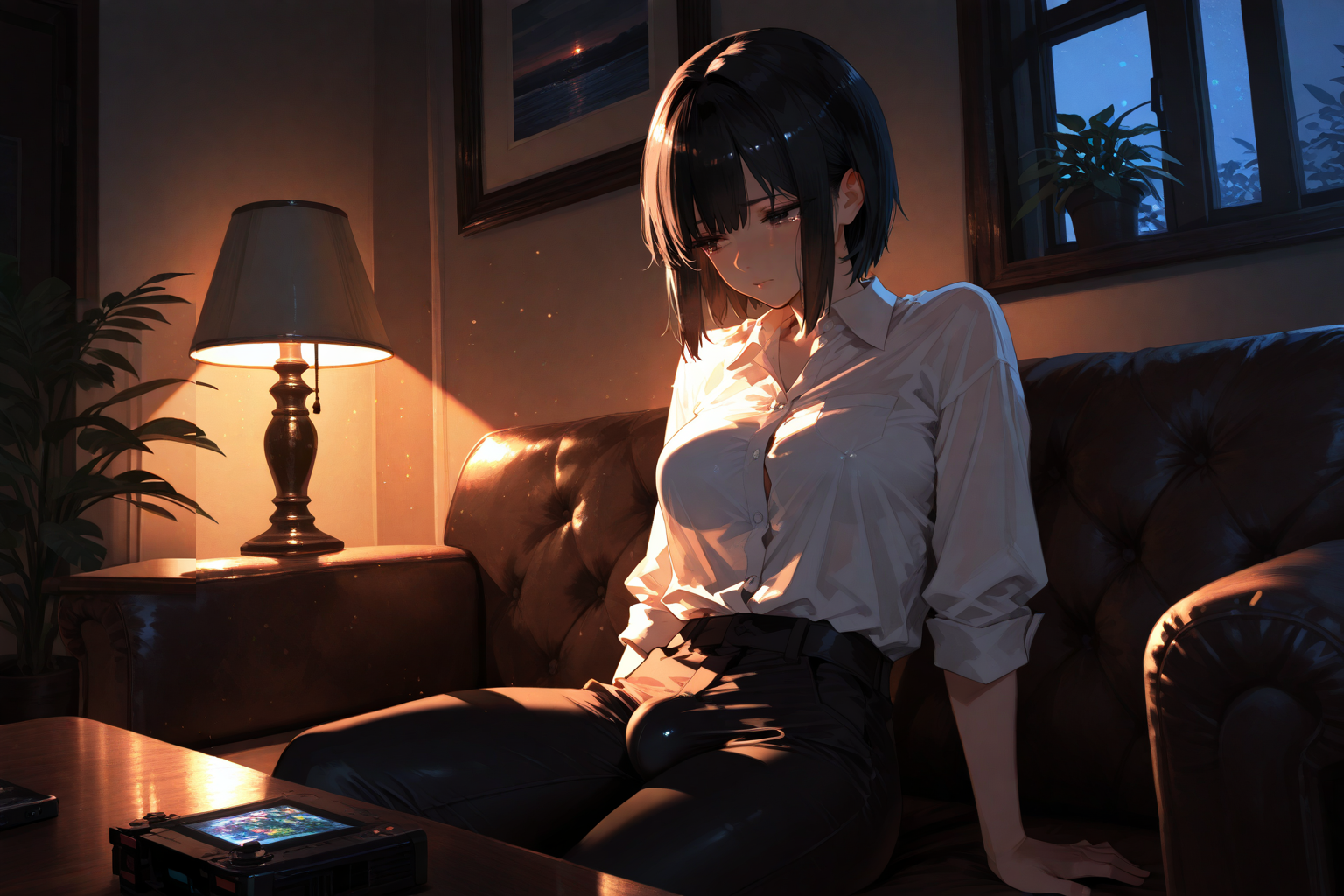 Shiori is wearing a white button-up dress shirt and dark dress slacks