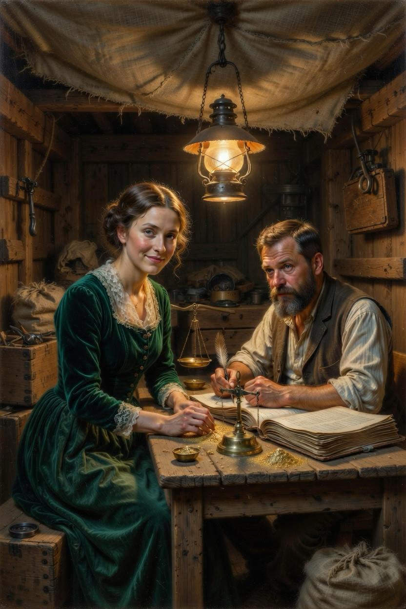 A woman in a green velvet dress smiling beside an assayer at his desk, brass scales between them