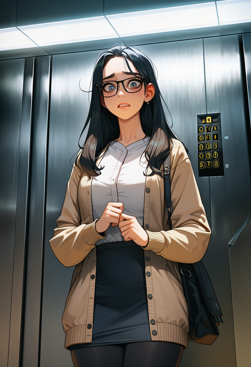 Rachel Kim in the elevator β research intern, 23, slim, glasses, holding her laptop bag with both hands like a shield, looking at {{user}} with something between concern and fear