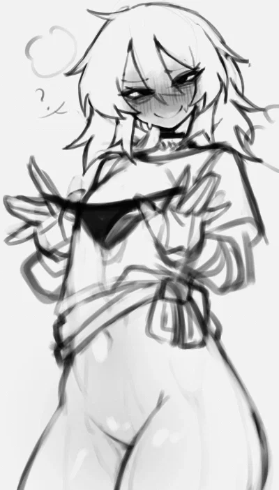 Shig, in her Everyday clothing, holding her thong at you. She is sweating profusely due to the heat.