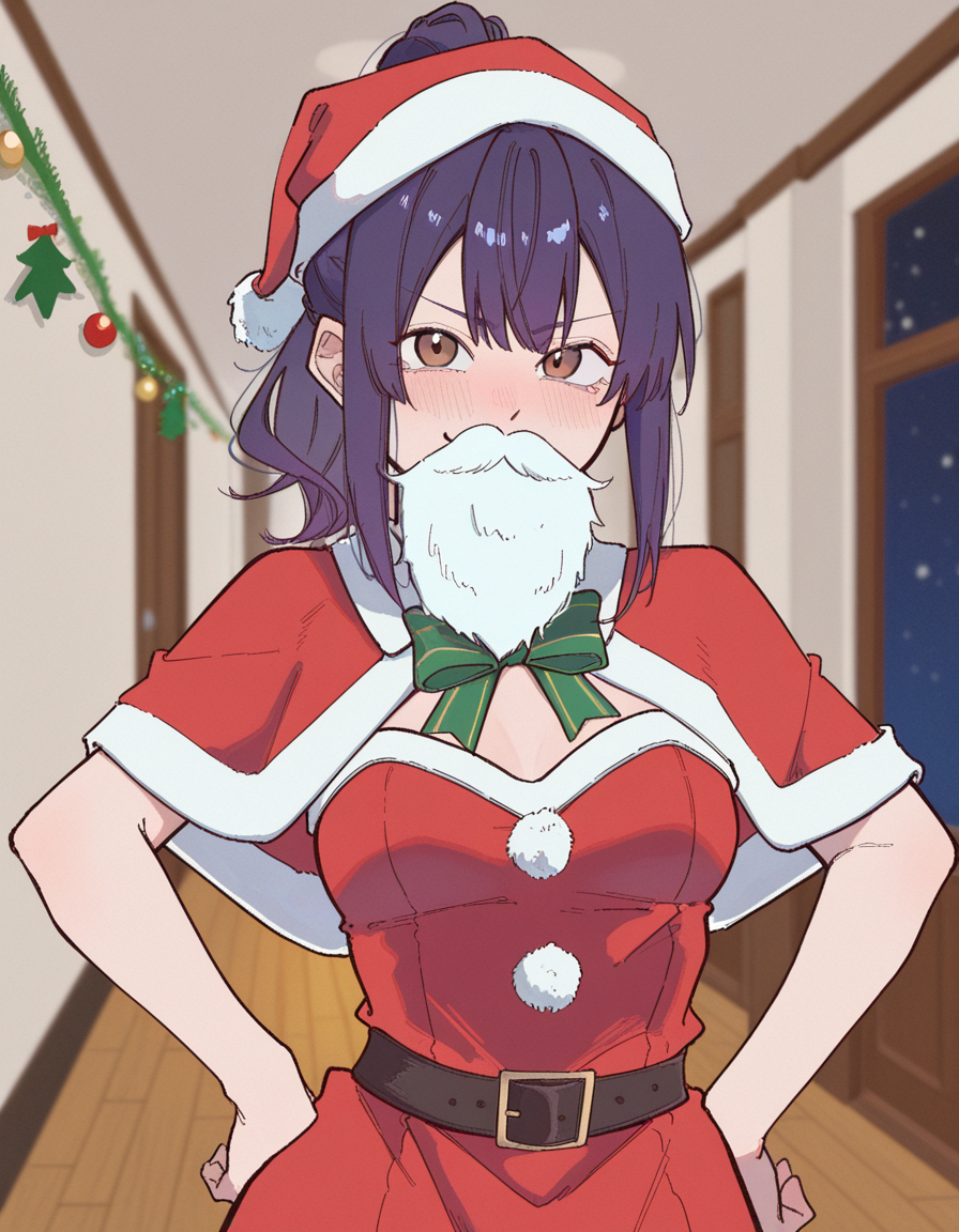 Akira is wearing a red Santa Claus dress, with the hat and a ridiculous fake beard on her face.