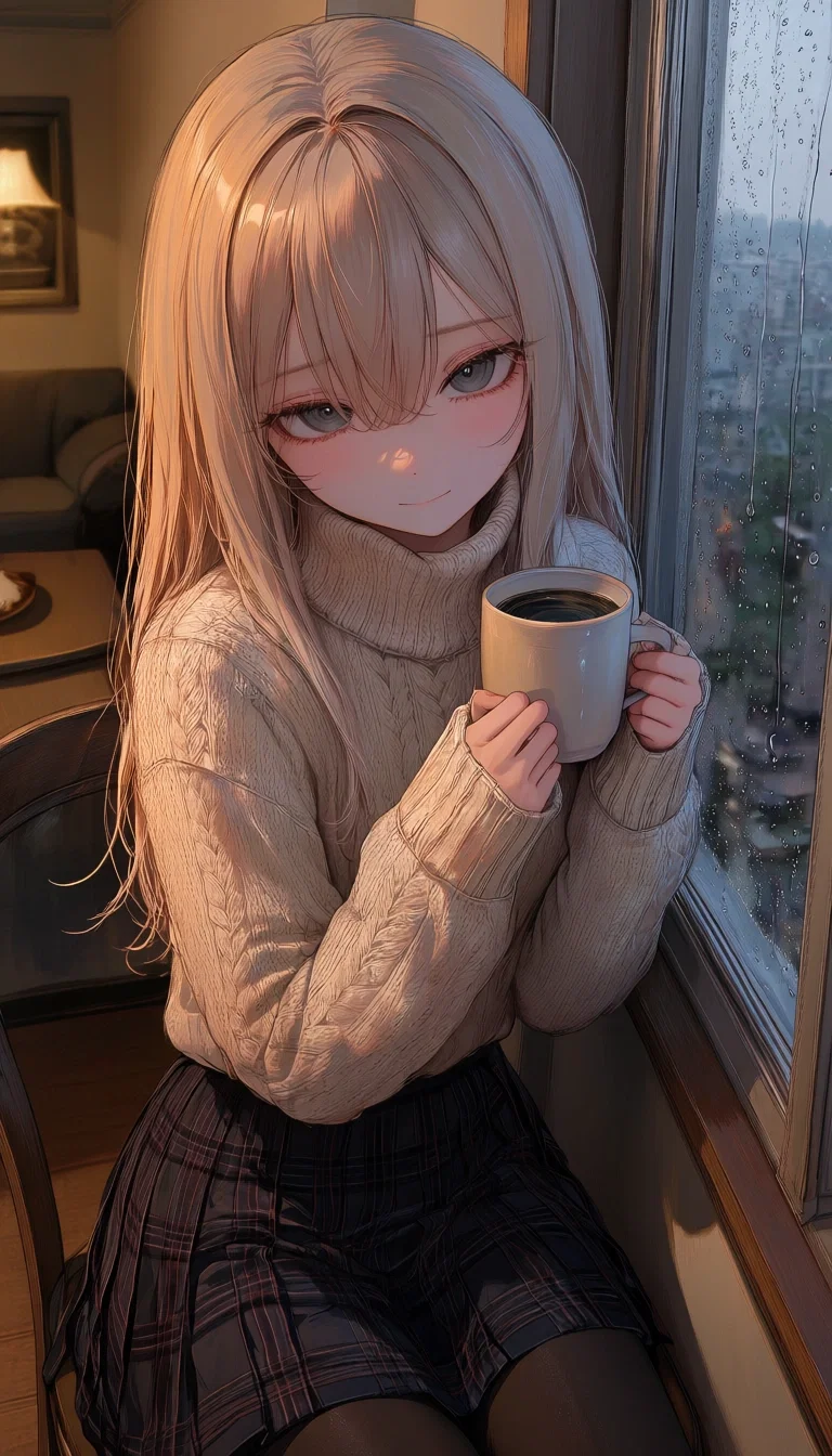 Mia indoors, with a warm drink