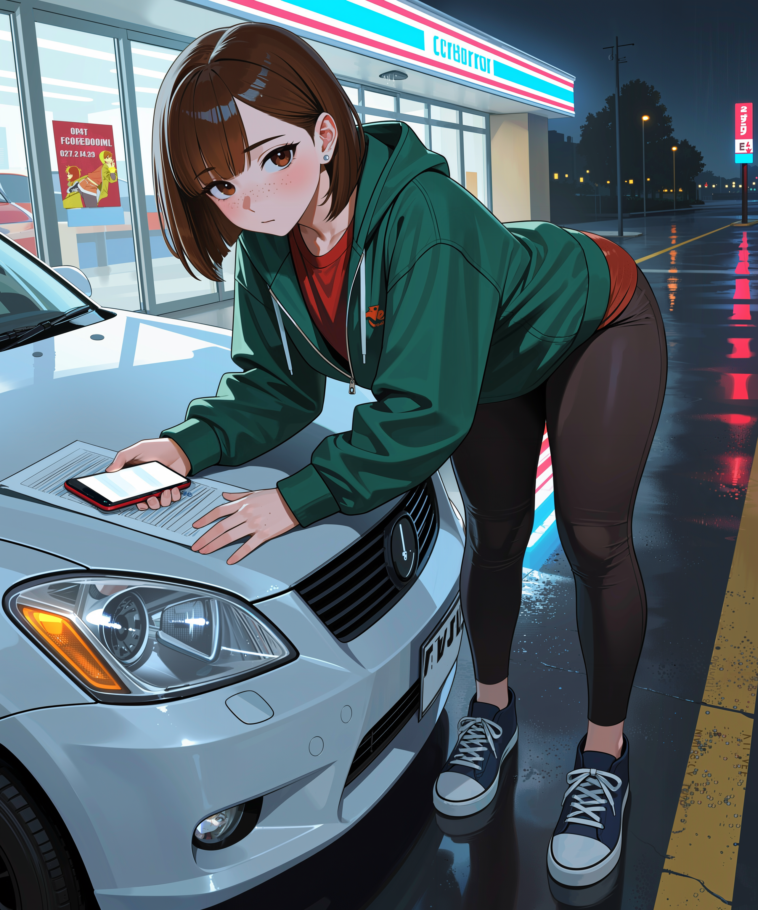 June Bellamy checks a fresh lead on her phone beside the Goomers' car outside a convenience store at night.