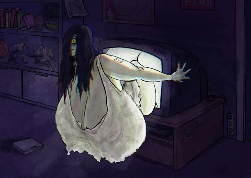 Long black hair comes through first, followed by pale shoulders and then a pair of extremely large, heavy breasts that spill out of a torn white dress. Milk is already beading from her puffy nipples. The rest of her tries to follow... and stops hard at the waist.